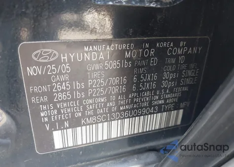 2006 Hyundai Santa Fe Gls из США, поврежденный, VIN KM8SC13D36U099043